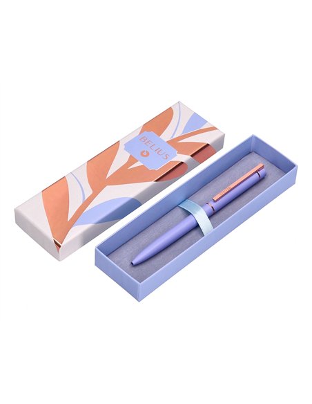Stylo-bille belius rose aluminium details et attributs or rose encre bleue coloris lavande dans coffret cadeau.