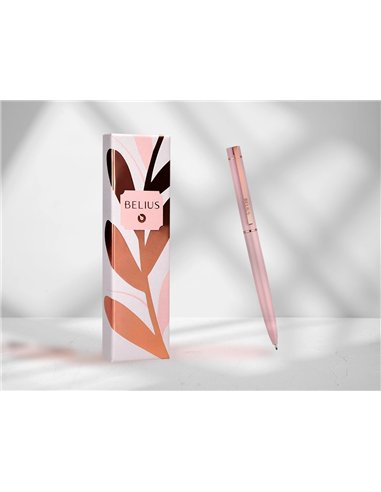 Stylo-bille belius rose aluminium details et attributs or rose encre bleue coloris rose dans coffret cadeau.