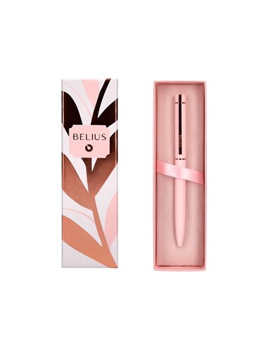 Stylo-bille belius rose aluminium details et attributs or rose encre bleue coloris rose dans coffret cadeau.