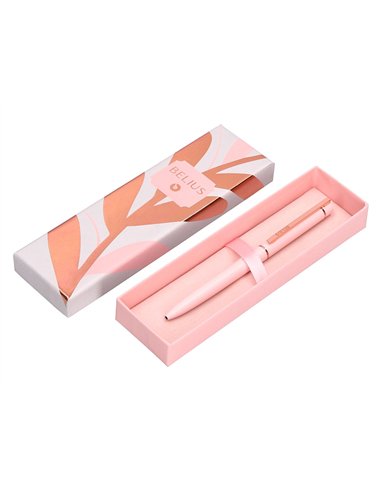 Stylo-bille belius rose aluminium details et attributs or rose encre bleue coloris rose dans coffret cadeau.