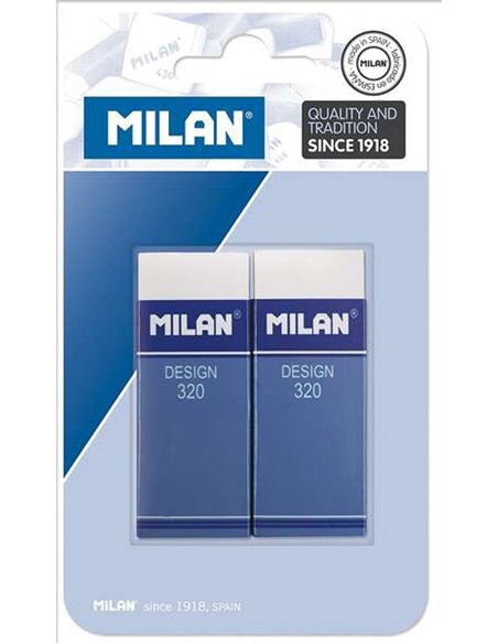 Milan Nata 320 Lot de 2 gommes rectangulaires - Plastique - Bande cartonnée bleue - Toutes surfaces - Blanc