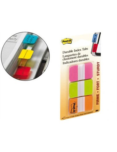 Marque-pages post-it index rigide 25x44mm 22f 3 coloris rose vert orange set 22 index/couleur.