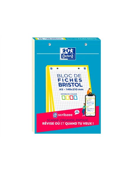 Cahier de fiches bristol 2.0 oxford a5 14,8x21cm 5x5mm couleur 30 unités.