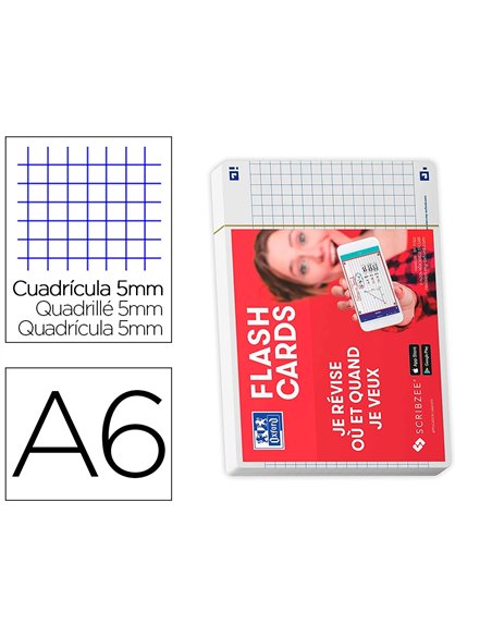 Fiches bristol oxford revision 2.0 a6 non perforee 32 fiches/film q5x5 cadre blanc.