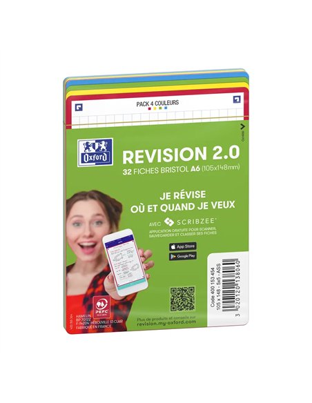 Fiches bristol oxford revision 2.0 a6 non perforee 32 fiches/film q5x5 carton assorti.