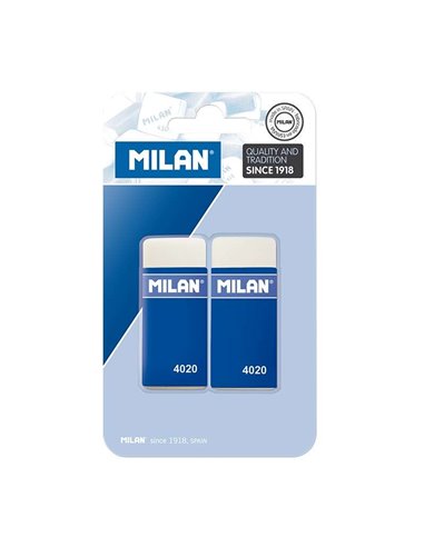 Milan 4020 Lot de 2 gommes rectangulaires - Chapelure - Caoutchouc synthétique souple - Bande cartonnée bleue - Couleur blanche