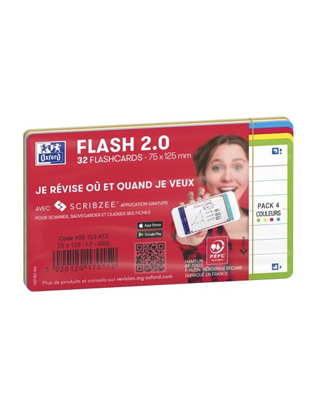 Fiches bristol oxford flash 2.0 75x125mm 32 fiches/film l7mm couleur assorties.