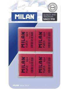 Milan Nata 624 Lot de 4 gommes rectangulaires - Plastique - Souples - Non abrasives - Rouge/Blanc