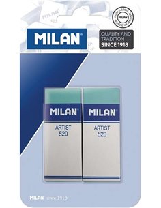 Milan Nata 520 Artist Pack de 2 gommes rectangulaires - Plastique - Bande cartonnée blanche - N'abîme pas le papier - Vert