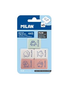 Milan 445 Lot de 5 gommes rectangulaires - Chapelure - Caoutchouc synthétique souple - Dessins d'enfants - Couleurs assorties