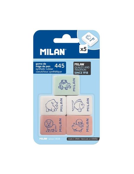 Milan 445 Lot de 5 gommes rectangulaires - Chapelure - Caoutchouc synthétique souple - Dessins d'enfants - Couleurs assorties