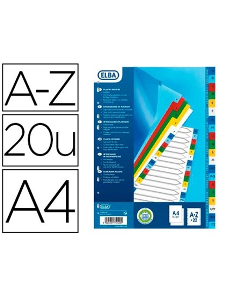 Intercalaire elba polypropylène 12/100e alphabétique 20 touches a4 page garde personnalisable coloris assortis.