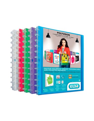Protège-documents elba vario zip polyvision pp 5/10e a4 capacité 40 pochettes 80 vues livré avec 20 pochettes assorties.