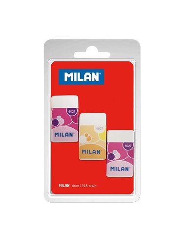 Milan Nata 6027 Lot de 3 gommes rectangulaires - Chapelure - Plastique - Bande cartonnée - Couleurs assorties - Blanc