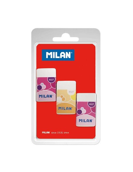 Milan Nata 6027 Lot de 3 gommes rectangulaires - Chapelure - Plastique - Bande cartonnée - Couleurs assorties - Blanc