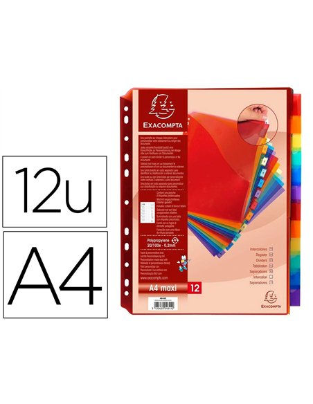 Intercalaire exacompta polypropylène 20/100e 12 touches a4+ personnalisable avec pochettes étiquettes coloris assortis.