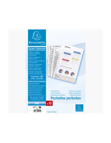 Pochette perforee exacompta a4 pp lisse 6/100eme 60 microns paquet 10 unites.