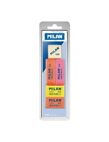 Lot de 5 gommes Milan, 1 gomme carrée 430 + 2 gommes biseautées crème 236 + 2 gommes rectangulaires crème 936 - Plastique - Caou