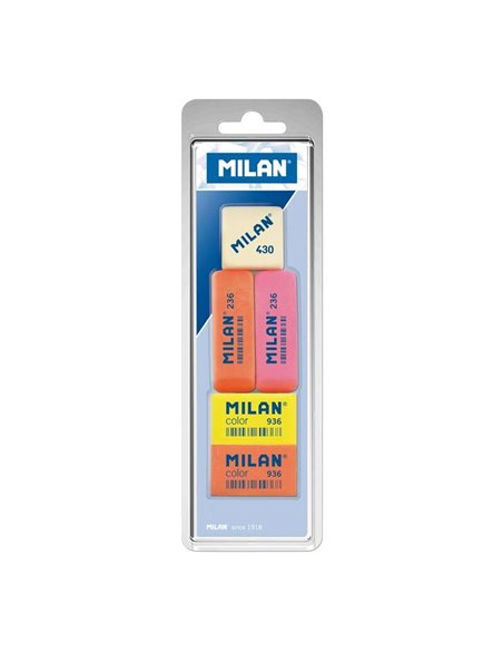 Lot de 5 gommes Milan, 1 gomme carrée 430 + 2 gommes biseautées crème 236 + 2 gommes rectangulaires crème 936 - Plastique - Caou