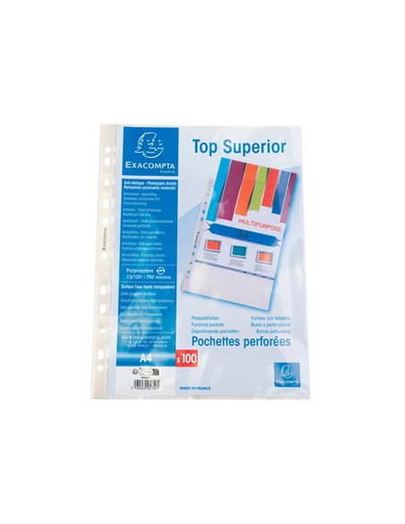 Pochette perforee exacompta a4 pp lisse 7/100eme 75 microns paquet 100 unites.