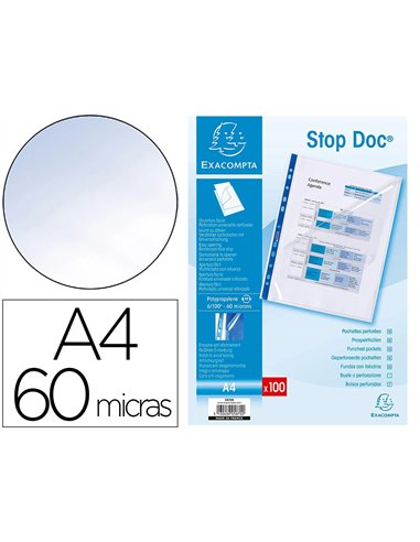 Pochette coin exacompta stop doc perforée polypropylène lisse 6/100e a4 cristal incolore étui carton 100 unités.