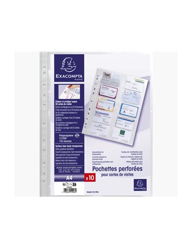 Pochette perforee exacompta 10 cartes visite a4 pp lisse 11/100eme 110 microns paquet 10 unites.