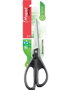 Ciseaux Maped Essentials en acier inoxydable 21 cm asymétriques - Lames tranchantes - Manches 60 % plastique recyclé - Noir