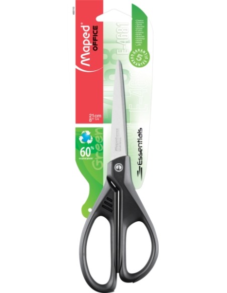 Ciseaux Maped Essentials en acier inoxydable 21 cm asymétriques - Lames tranchantes - Manches 60 % plastique recyclé - Noir