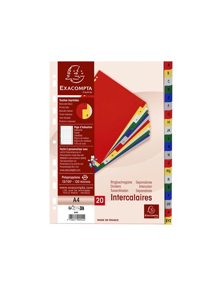 Intercalaire exacompta a4 alphabethique a-z pp 20 onglets index + coloris assortis.