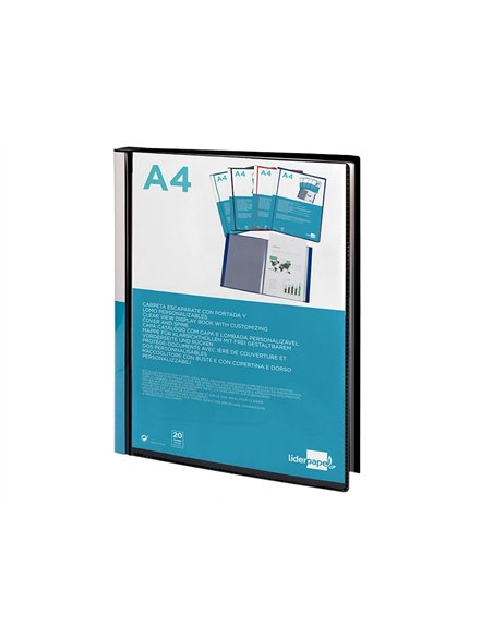 Protège-documents liderpapel personnalisable kangourou polypropylène 20 pochettes fixes a4 210x297mm coloris noir.