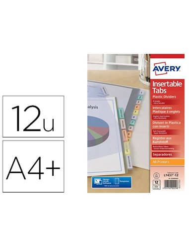 Intercalaire avery polypropylène 12 touches a4+onglets bristol personnalisables et imprimables.