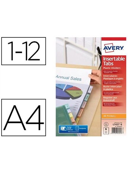 Pochette intercalaire avery pp 180 microns 12 touches ultra-résistantes onglet personnalisable coloris transparent.