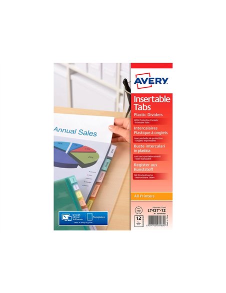 Pochette intercalaire avery pp 180 microns 12 touches ultra-résistantes onglet personnalisable coloris transparent.