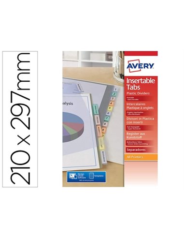 Intercalaire avery polypropylène 12 positions a4 perforé co loris transparent.