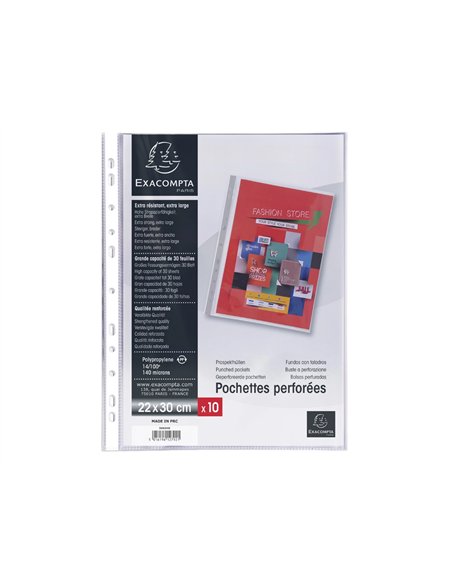 Pochette perforee exacompta a4+ pp premium lisse 14/100eme 140 microns paquet 10 unites.