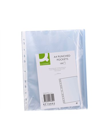 Pochette q-connect polypropylène lisse 10/100e eco perforée antistatique a4 210x297mm sachet 100 unités.