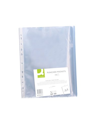 Pochette q-connect polyproylène lisse 5/100e perforée cristal antistatique a4 210x297mm sachet 100 unités.
