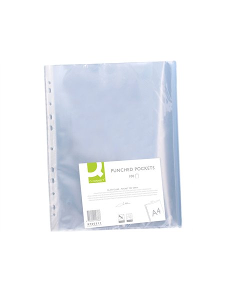 Pochette q-connect polyproylène lisse 5/100e perforée cristal antistatique a4 210x297mm sachet 100 unités.