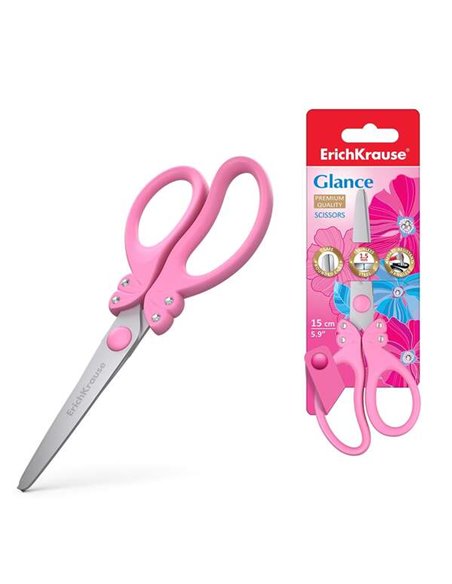 Ciseaux Glance Erichkrause avec lames en acier inoxydable 15 cm - Extrémités arrondies - Manches ergonomiques - Couleurs aléatoi