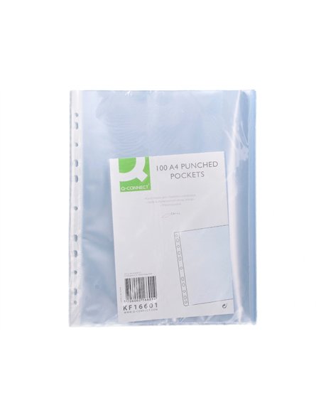 Pochette q-connect polypropylène lisse 8/100e perforée cristal antistatique a4 210x297mm sachet 100 unites.