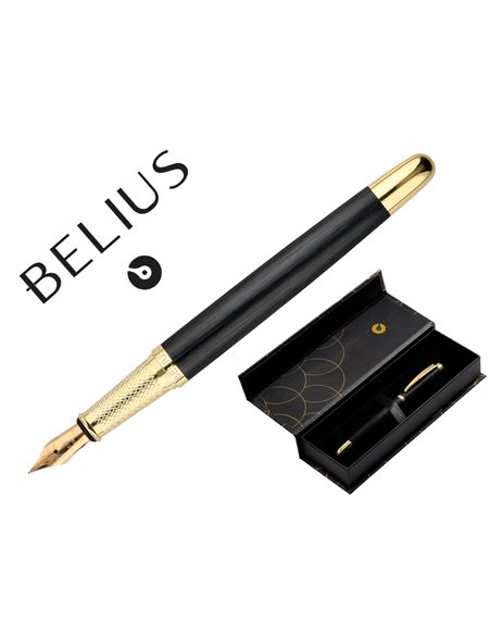 Stylo-plume belius passion aluminium brosse attributs or encre bleue coloris noir dans coffret cadeau.