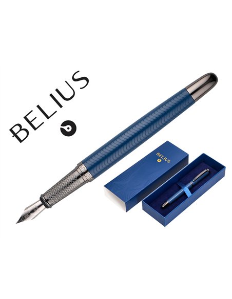 Stylo-plume belius neptuno aluminium texture ondulee attributs gun encre bleue coloris bleu marine dans coffret cadeau.