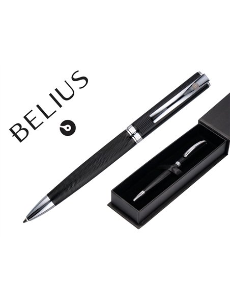 Stylo-bille belius turbo aluminium texture pointillee attributs argent encre bleue coloris noir dans coffret cadeau.