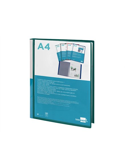 Protege-docs liderpapel kangourou personnalisable polypro 20 pochettes fixes a4 210x297mm vert translucide.
