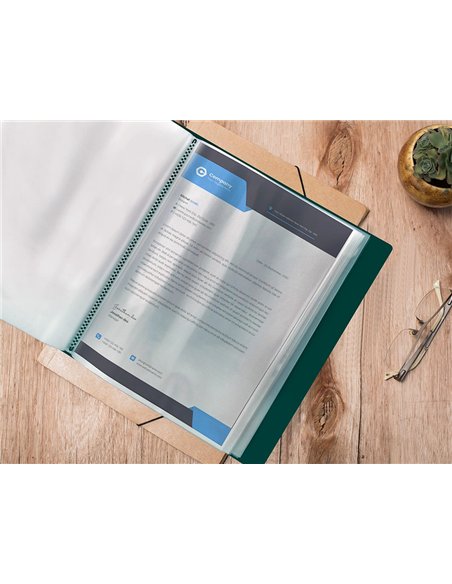 Protege-docs liderpapel kangourou personnalisable polypro 20 pochettes fixes a4 210x297mm vert translucide.