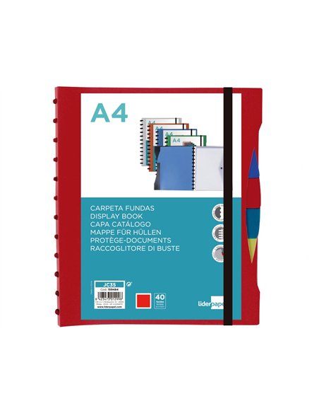 Protege-documents liderpapel personnalisable kangourou 40 pochettes amovibles 5 intercalaires a4 rouge.