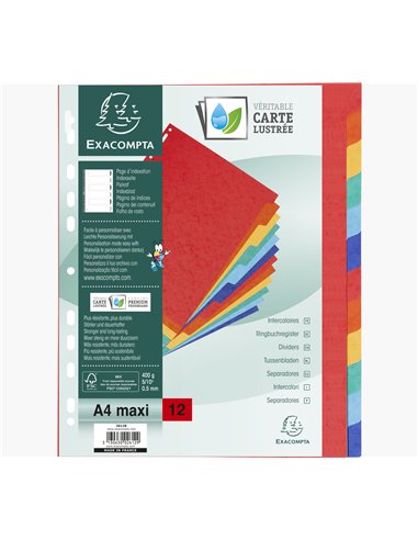 Intercalaires exacompta carte lustrée rigide format a4+ 24,5x29,7cm 12 positions coloris assortis.