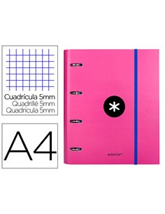 Classeur antartik 4 anneaux ronds 40mm a4 carton remborde feuillets mobiles quadrillage 5mm coloris rose.