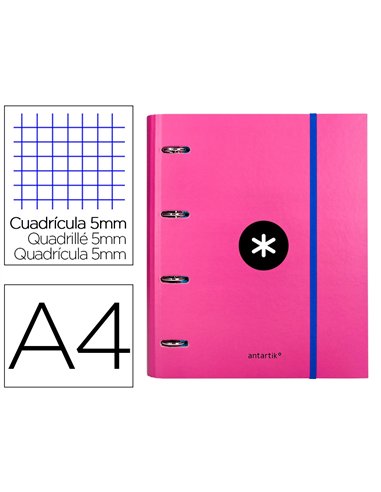 Classeur antartik 4 anneaux ronds 40mm a4 carton remborde feuillets mobiles quadrillage 5mm coloris rose.