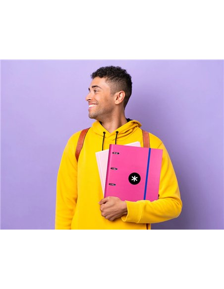 Classeur antartik 4 anneaux ronds 40mm a4 carton remborde feuillets mobiles quadrillage 5mm coloris rose.